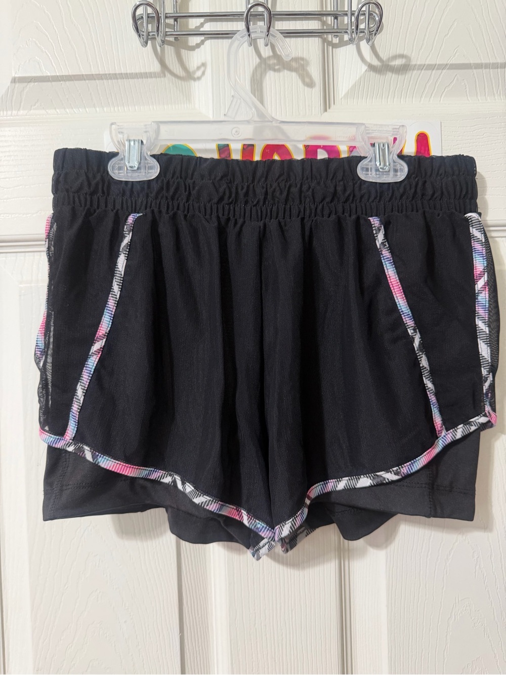 Lucky in Love Black Athletic Layered Shorts with Pink & Blue Trim